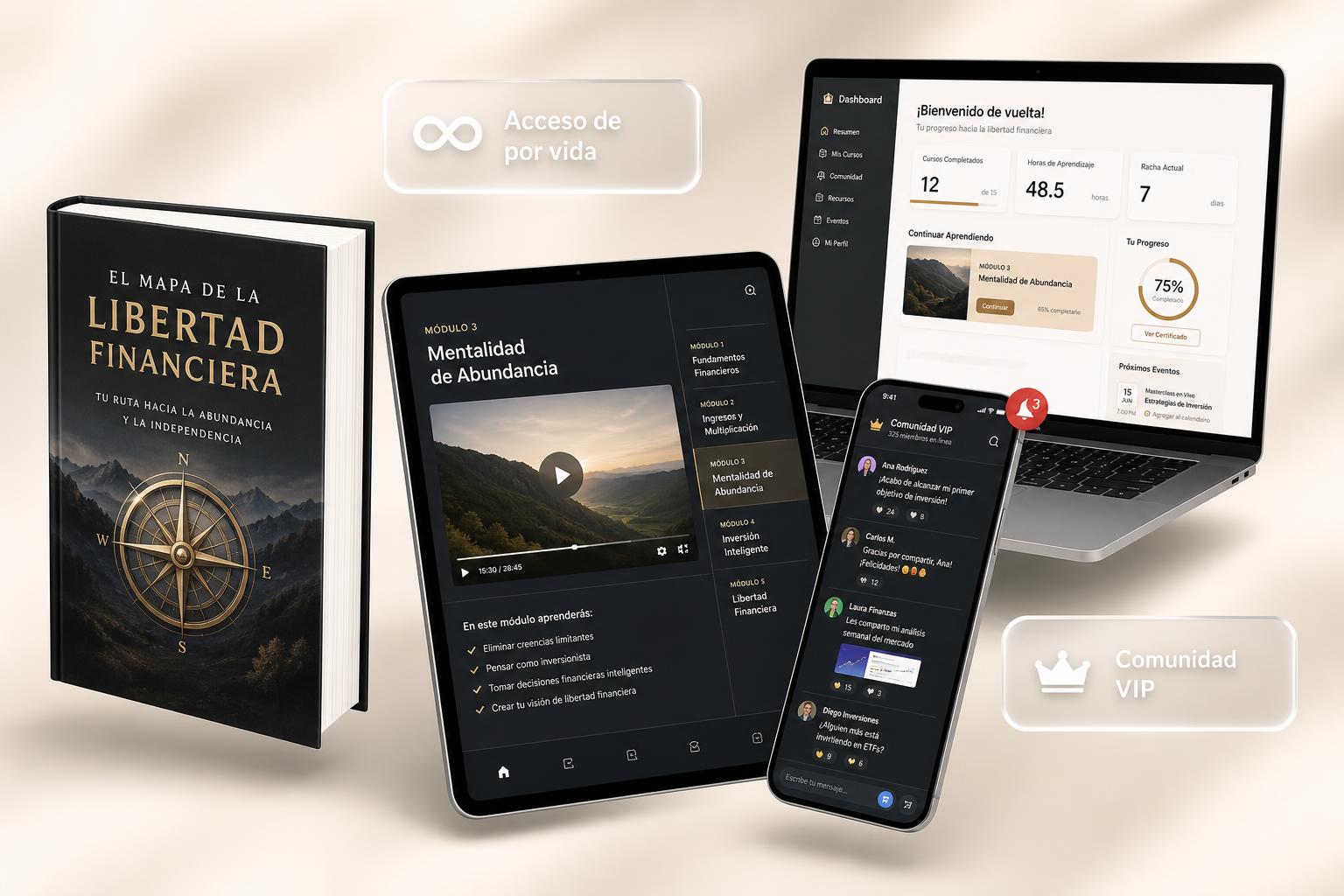Libro físico, tablet con módulos en video y comunidad activa en tu móvil. Todo conectado.